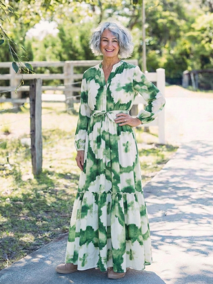 Sabine - Maksikleid su ilgomis rankovėmis ir juosmens mazgu